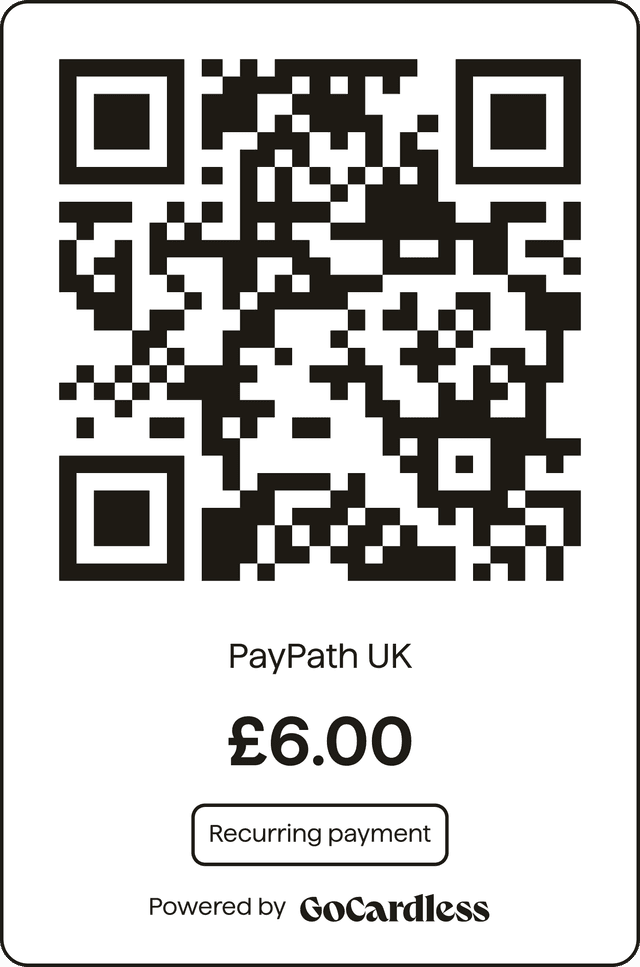 QR code to subscribe to PayPath Plus for GBP 6 per month via GoCardless